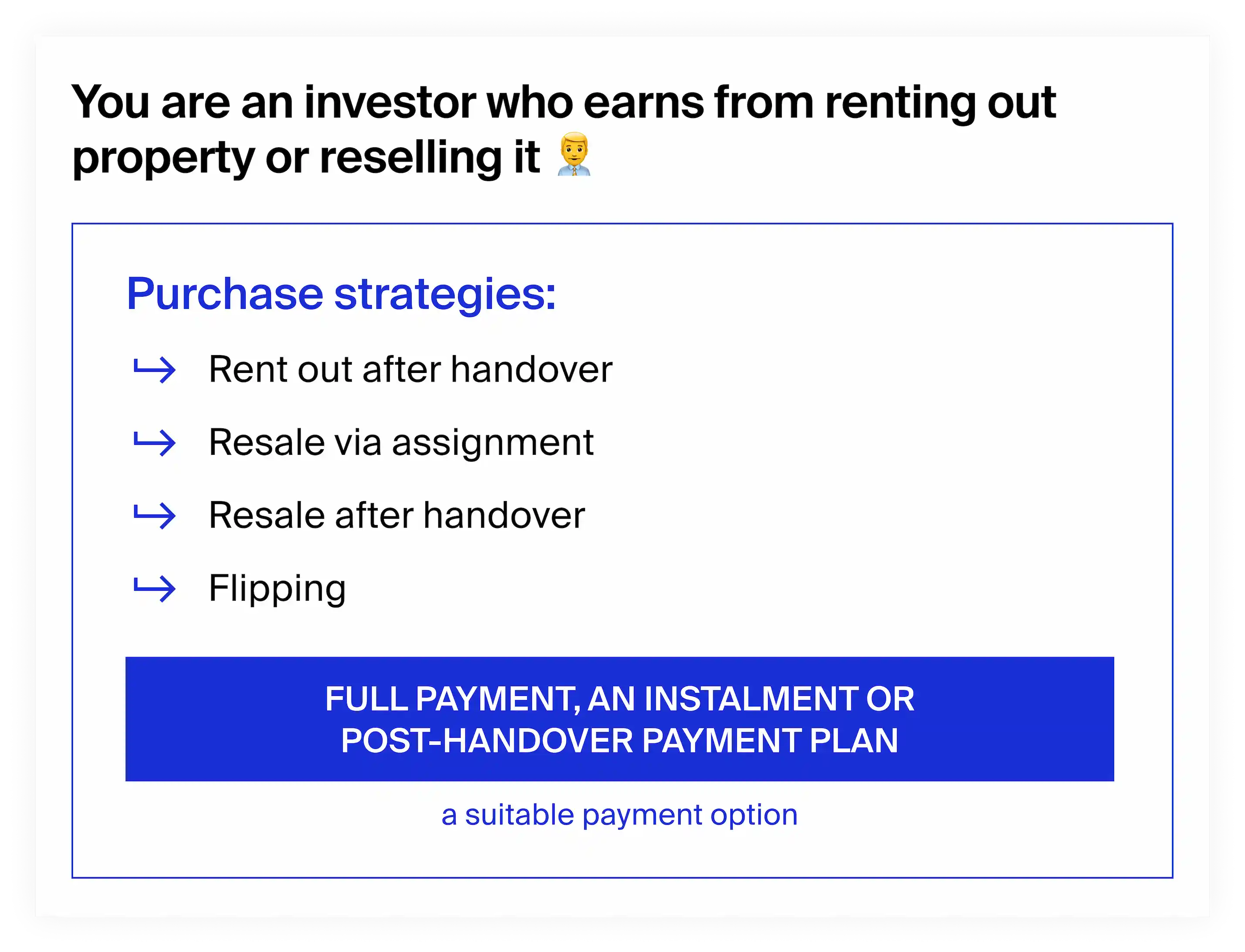 Who a developer payment plan, post-handover payment plan and full payment suit